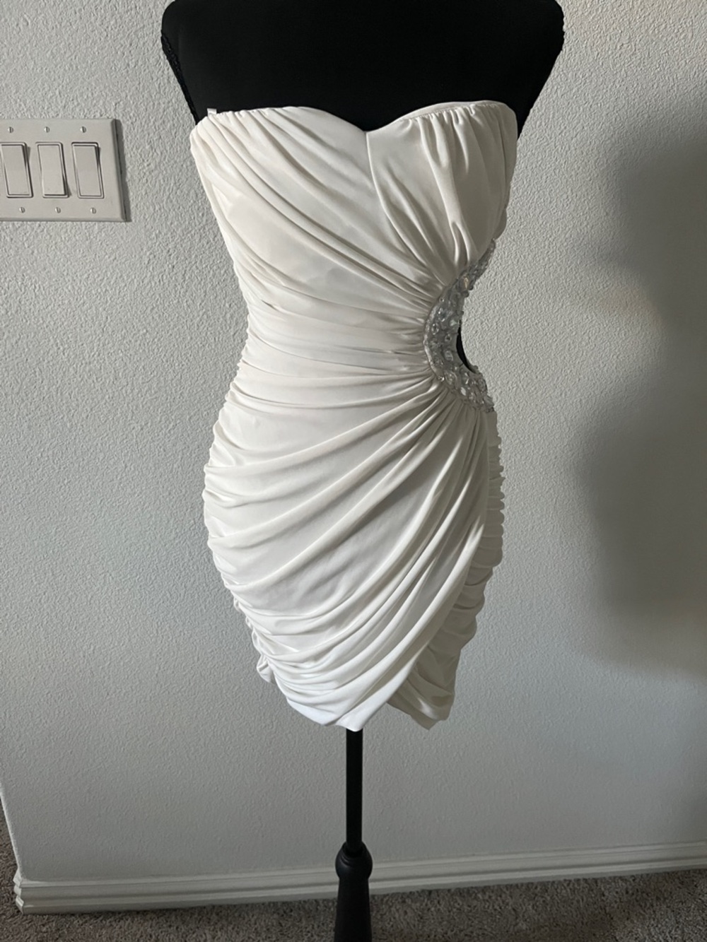 Fredrick’s of Hollywood White Ruched Cocktail Dress with Crystal Accent